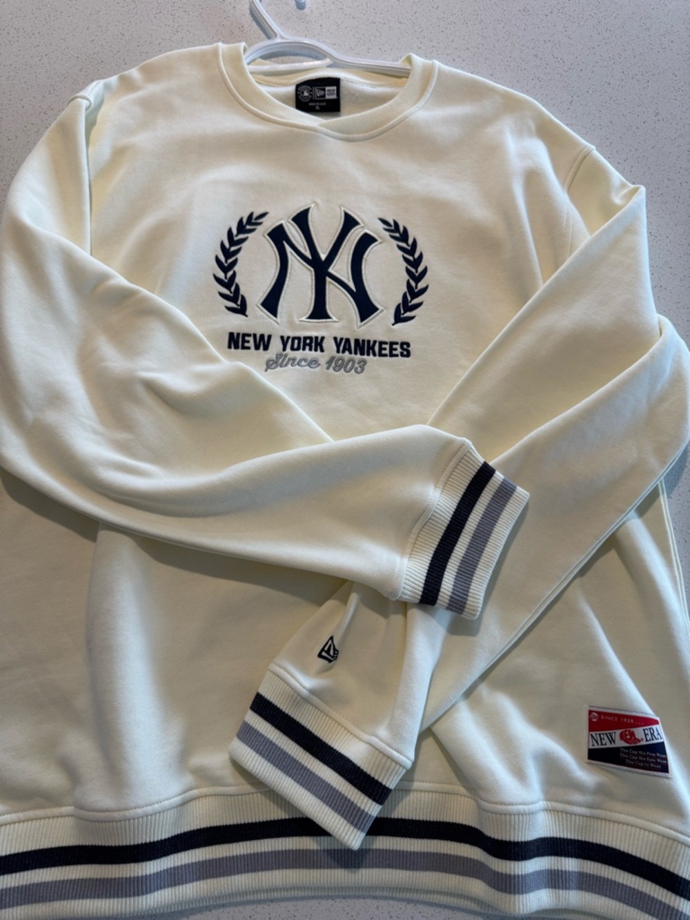 New Era Cream Crewneck Sweater with Navy Yankees Logo